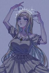 Rule 34 | 1girl, alternate costume, arms up, collarbone, cowboy shot, danganronpa (series), danganronpa 2: goodbye despair, dress, frills, gradient background, jewelry, looking up, necklace, oisutalasolosu, puffy short sleeves, puffy sleeves, short sleeves, simple background, solo, sonia nevermind, teeth