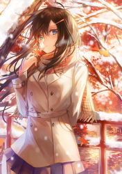 1girl blue_eyes blush branch brown_hair closed_mouth coat commentary_request female_focus hair_ornament hairclip leaf long_hair looking_at_viewer original peacoat pleated_skirt railing skirt snow solo standing tsugutoku white_coat winter