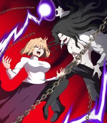 1boy 1girl abs absurdres ahoge angry antenna_hair arcueid_brunestud black_hair black_pants black_shoes blonde_hair breasts chain collared_shirt dress fangs fighting highres imstupid13 jewelry long_hair long_sleeves magic medium_breasts melty_blood michael_roa_valdamjong open_clothes open_shirt pants purple_dress red_eyes shirt shoes short_hair simple_background smile sweater tsukihime turtleneck vampire white_shirt white_sweater