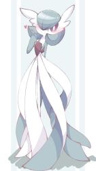 Rule 34 | blush, bob cut, colored skin, dress, gardevoir, gen 3 pokemon, green hair, green skin, hair over one eye, heart, highres, multicolored skin, narumiya pkmn, nintendo, one eye closed, pink eyes, pokemon, pokemon (creature), signature, simple background, smile, two-tone skin, white dress, white skin