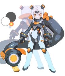 1girl absurdres armor black_armor bodysuit cheri_zao full_body highres orange_eyes original simple_background standing white_background white_bodysuit white_hair