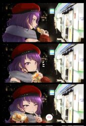 1girl beret black_mask black_nails blush chicken_(food) convenience_store corrupted_twitter_file crazyd diagonal_bangs eating eyeliner famichiki familymart food fried_chicken fur_scarf grey_scarf grin hat highres holding holding_food idolmaster idolmaster_shiny_colors incoming_food jewelry long_hair looking_at_viewer makeup mask mask_pull mouth_mask multiple_rings multiple_views nail_polish night pov purple_eyes purple_hair red_eyeliner red_hat ring scarf shop smile snowing spoken_blush tanaka_mamimi