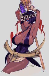 1girl arms_up black_hair blood blue_eyes bob_cut breasts circlet cowboy_shot cropped_legs d-ryuu dark-skinned_female dark_skin eliza_(skullgirls) grey_background large_breasts lipstick looking_at_viewer makeup microphone_stand red_lips shiny_skin short_hair skullgirls smile solo