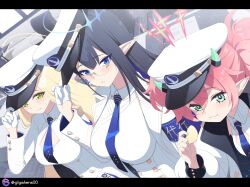3girls adjusting_clothes adjusting_headwear ayumu_(blue_archive) black_hair blonde_hair blue_archive blue_eyes blue_hair blue_necktie colored_inner_hair dress giga-tera glasses gloves green_eyes hat highres jacket long_hair momoka_(blue_archive) multicolored_hair multiple_girls necktie peaked_cap pink_hair pointy_ears rin_(blue_archive) short_twintails sidelocks twintails two-tone_hair white_dress white_gloves white_hat white_jacket