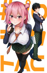 #project_ac 1boy 1girl arm_behind_back black_eyes black_gloves black_hair black_shoes black_thighhighs blue_jacket blush breast_pocket breasts brown_necktie character_request closed_mouth collarbone collared_shirt commentary_request copyright_name cover cover_page crossed_arms double_bun earrings finger_heart gloves green_skirt hair_between_eyes hair_bun hand_up heart heart_earrings highres jacket jewelry large_breasts loafers long_sleeves looking_at_another looking_at_viewer looking_to_the_side manga_cover nail_polish necklace necktie official_art open_clothes open_jacket pink_eyes pink_hair pleated_skirt pocket profile ryouma_(galley) school_uniform shirt shoes short_hair simple_background skirt smile standing thighhighs white_background white_shirt wing_collar