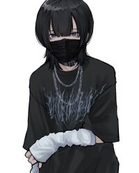 1boy androgynous arm_warmers asagi_ryo black_hair blue_eyes chain chain_necklace choker collar commentary highres jewelry mask medium_hair mouth_mask necklace simple_background solo surgical_mask twitter