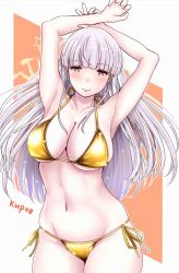 Rule 34 | 1girl, alternate costume, arms up, bikini, blunt bangs, breasts, character name, cleavage, collarbone, cowboy shot, cyrillic, gold bikini, grey hair, hammer and sickle, highres, kantai collection, kirov (kancolle), large breasts, long hair, navel, r31harutan, russian text, side-tie bikini bottom, solo, swimsuit