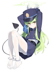 1girl absurdres ass belt black_belt black_hat black_jacket black_skirt black_tail blue_archive blush closed_mouth cuffs demon_tail full_body green_hair green_halo halo hat highres hikari_(blue_archive) isocha jacket long_hair long_sleeves looking_at_viewer no_shoes pantyhose peaked_cap pleated_skirt restrained shackles simple_background skirt solo tail toes white_background white_pantyhose yellow_eyes