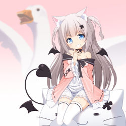 1girl animal_ear_fluff animal_ears arm_behind_back bird black_bow black_choker blue_eyes blush bow bow_choker cat-shaped_pillow character_request choker demon_tail demon_wings dress dress_bow frilled_dress frills grey_hair hair_ornament hairpin hand_up knees_together_feet_apart long_hair long_sleeves looking_at_viewer mogura2009 multicolored_dress off_shoulder original pink_dress sitting smile solo swan tail teeth thighhighs two_side_up very_long_hair virtual_youtuber white_dress white_thighhighs wide_sleeves wings zettai_ryouiki