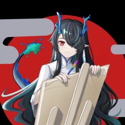 Rule 34 | 1girl, ambience synesthesia, aqua hair, arknights, black background, black hair, canvas (object), closed mouth, dragon girl, dragon horns, dragon tail, dusk (ambience synesthesia) (arknights), dusk (arknights), egasumi, hair over one eye, highres, holding, holding paintbrush, horns, jacket, long hair, looking at viewer, mangoflavorpeng, multicolored hair, paintbrush, pointy ears, red background, red eyes, solo, streaked hair, tail, tail raised, white jacket
