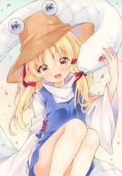 1girl animal blonde_hair blush breasts brown_hat commentary hair_ribbon hashtag-only_commentary hat highres long_hair long_sleeves looking_at_viewer mishaguji moriya_suwako open_mouth oversized_animal purple_skirt purple_vest red_ribbon ribbon skirt skirt_set smile snake solo touhou twitter_username vest watermark white_snake wide_sleeves yellow_eyes yuiki_(cube)