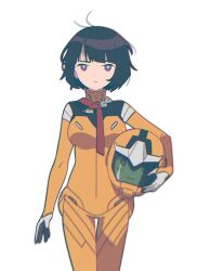1girl antenna_hair black_hair bodysuit dou_(mame_eee) gundam gundam_gquuuuuux hashtag-only_commentary highres looking_at_viewer mecha_pilot_suit purple_eyes reflection shiiko_sugai short_hair simple_background solo white_background yellow_bodysuit