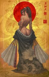 1girl ass back back_muscles black_kimono breasts broad_shoulders brown_eyes brown_hair curvy fatal_fury floral_print folding_fan from_behind hand_fan holding holding_fan huge_ass ickpot japanese_clothes kimono large_breasts light_smile looking_at_viewer looking_back loose_clothes naked_kimono no_bra no_panties nude open_clothes open_kimono ponytail realistic shiranui_mai shoulder_blades sideboob smile solo standing the_king_of_fighters toned toned_female undressing wide_hips