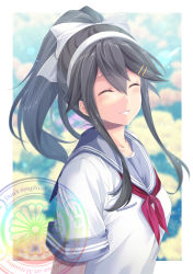 Rule 34 | 1girl, alternate costume, alternate hairstyle, black hair, blue sailor collar, closed eyes, facing viewer, hair ornament, hairclip, haruna (kancolle), highres, kantai collection, long hair, map (blue catty), neckerchief, ponytail, red neckerchief, sailor collar, sailor shirt, school uniform, serafuku, shirt, short sleeves, solo, watermark, white shirt