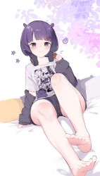 Rule 34 | 1girl, absurdres, barefoot, bed, black shorts, blue eyes, blunt bangs, blush, bob cut, breasts, cookie, eating, feet, food, grey hood, grey jacket, headphones, headphones around neck, highres, hololive, hololive english, hood, hooded jacket, hoodie, jacket, looking at viewer, mole, mole under eye, namiorii, ninomae ina&#039;nis, ninomae ina&#039;nis (loungewear), official alternate costume, official alternate hair length, official alternate hairstyle, on bed, open car hood, pillow, pointy ears, print shirt, purple hair, purple hood, purple hoodie, rabbit ears antenna, shirt, short hair, short shorts, short sleeves, shorts, sitting, small breasts, soles, solo, t-shirt, takodachi (ninomae ina&#039;nis), tentacle hair, thighs, toes, virtual youtuber, white shirt