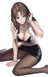 1girl black_bra black_skirt blouse bra bracelet braid breasts brown_eyes brown_hair brown_pantyhose cleavage collared_shirt commentary earrings english_commentary fingernails frilled_shirt_collar frills hair_over_shoulder hanny_(uirusu_chan) highres jewelry julia_chang large_breasts leather_skirt looking_at_viewer medium_hair nail_polish namco necklace no_shoes office_lady panties panties_under_pantyhose pantyhose pantyshot pencil_skirt shirt skirt sleeveless sleeveless_shirt solo tekken twin_braids underwear white_background white_shirt