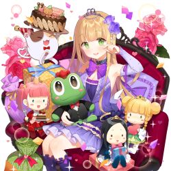 1girl blonde_hair blue_flower blue_rose blunt_bangs box breasts cake cat chocolate_cake choker cleavage couch flower food gift gift_box green_eyes hair_flower hair_ornament lina_princella long_hair on_couch purple_tiara red_flower red_rose rose salt_(salty) sitting stuffed_toy uchi_no_hime-sama_ga_ichiban_kawaii very_long_hair