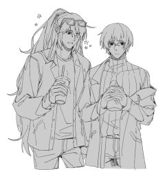2boys belt blush closed_mouth coat commentary cowboy_shot cropped_legs cup disposable_cup drinking_straw eyewear_on_head food greyscale half_updo heterochromia high_ponytail highres holding holding_cup holding_food hong_lu_(project_moon) jacket lapels limbus_company long_hair long_sleeves looking_at_food looking_down male_focus monochrome multiple_boys notched_lapels off_shoulder open_mouth pants ponytail project_moon pudding_1106 sandwich shirt short_hair simple_background smile sunglasses sweater symbol-only_commentary turtleneck yi_sang_(project_moon)