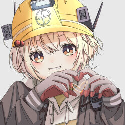 1girl black_jacket blonde_hair commentary cosmos_34 four-finger_heart_hands gloves goddess_of_victory:_nikke grey_gloves grin hard_hat hat heart heart_hands helmet highres hood hood_down hooded_shrug jacket liter_(nikke) looking_at_viewer medium_hair open_clothes open_jacket orange_eyes portrait shrug_(clothing) simple_background smile solo white_background white_shrug yellow_hat