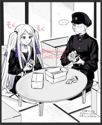 ... 1boy 1girl :o atyakodayo1 bandaged_head bandages box cardboard_box chabudai_(table) covered_face expressionless full_body gakuran gakuseibou gashapon geminism gloves greyscale hair_ribbon hat hirosoma_kikyou holding indoors light_blush long_hair long_sleeves looking_at_another monochrome on_floor one_eye_covered purple_eyes purple_ribbon ribbon scene_reference school_uniform seiza serafuku shirt sitting skirt spoken_ellipsis spot_color staring table tatami translation_request twitter_username two_side_up working yamaga_awasumi