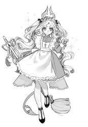 1girl alternate_costume alternate_hairstyle apron arknights broom collared_shirt demon_girl demon_horns demon_tail dress frilled_apron frills greyscale hair_ribbon headband highres holding horns juliet_sleeves key keyhole long_hair long_sleeves maid_apron maid_headdress mary_janes monochrome nymph_(arknights) om0mg pointy_ears puffy_sleeves ribbon shirt shoes sidelocks sketch smile solo sparkle star-shaped_pupils star_(symbol) striped_clothes striped_thighhighs symbol-shaped_pupils tail thighhighs twintails very_long_hair