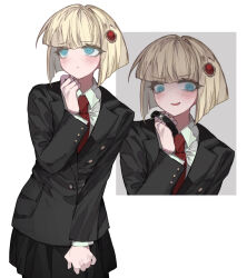 1girl alternate_costume anzekeye black_collar black_jacket black_skirt blonde_hair blue_eyes blush chinese_commentary closed_mouth collar collared_shirt commentary_request hair_ornament highres holding holding_collar jacket long_sleeves necktie oosuzuki_kurara open_mouth pleated_skirt red_necktie shaded_face shirt short_hair simple_background skirt the_hundred_line_-last_defense_academy- white_background white_shirt