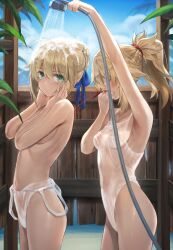 2girls armpits aroused_nosebleed artoria_pendragon_(fate) blonde_hair blood blue_sky braid braided_bun breasts commentary_request covering_breasts covering_privates fate/grand_order fate_(series) female_pervert green_eyes hair_bun highres holding holding_hose hose mordred_(fate) mother_and_daughter multiple_girls navel nosebleed pervert ponytail saber_(fate) see-through_clothes see-through_one-piece_swimsuit short_hair showering sky small_breasts stomach thighhighs tonee wet wet_clothes yuri