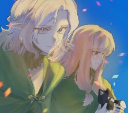 Rule 34 | 1boy, 1girl, baitang434, blonde hair, blue background, braid, cloak, dungeon meshi, elf, gorget, green cloak, grey eyes, grey hair, half up braid, highres, holding, holding stuffed toy, hood, hooded cloak, long hair, looking at viewer, low-tied sidelocks, medium hair, milsiril (dungeon meshi), mithrun, mithrun (young), orange eyes, pointy ears, sidelocks, smile, stuffed animal, stuffed cat, stuffed toy, tunic, upper body, wavy hair