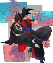 Rule 34 | black hair, blue sash, chronoa, closed mouth, dougi, dragon ball, dragon ball heroes, gloves, male focus, monkey boy, monkey tail, multiple boys, muscular, muscular male, ommmyoh, open mouth, pants, saiyan, sash, son goku, son goku (xeno), spiked hair, super saiyan, super saiyan 4, tail, time patrol (dragon ball), twitter username, vegeta, vegeta (xeno)