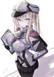 1girl absurdres black_gloves black_pantyhose blonde_hair blue_eyes blush breasts capelet clipboard covered_erect_nipples cowboy_shot cross gloves graf_zeppelin_(kancolle) hair_between_eyes hat highres hizaka iron_cross kantai_collection knot_print large_breasts long_hair long_sleeves looking_at_viewer military_hat military_uniform one-hour_drawing_challenge pantyhose peaked_cap sidelocks signature skirt smile solo twintails twitter_username white_background