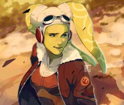 1girl alien brown_jacket cherriielle colored_skin day energy_sword goggles goggles_on_head green_eyes green_skin hera_syndulla highres jacket lekku_(anatomy) looking_to_the_side open_clothes open_jacket outdoors solo star_wars star_wars:_rebels sword togruta upper_body weapon