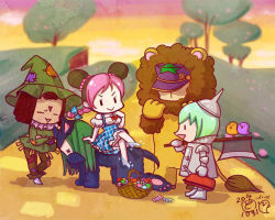 2boys 3girls bad_id bad_pixiv_id black_hair chibi cowardly_lion dorothy_gale double_bun ermes_costello foo_fighters_(jojo) green_hair hair_bun jojo_no_kimyou_na_bouken kuujou_jolyne kuujou_joutarou multicolored_hair multiple_boys multiple_girls narciso_anasui parody pink_hair scarecrow_(the_wizard_of_oz) the_wizard_of_oz tin_man_(the_wizard_of_oz) tomomi_(mltplus) toto_(the_wizard_of_oz) two-tone_hair