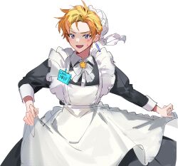 1boy alternate_costume apron black_dress blonde_hair blue_eyes blush bow bowtie brooch collared_dress commentary crossdressing dress earrings english_commentary enmaided frilled_apron frills headwear_request highres jewelry juliet_sleeves kaohom503 long_sleeves looking_at_viewer maid maid_apron male_focus name_tag nijisanji nijisanji_en open_mouth parted_bangs puffy_sleeves short_hair simple_background single_earring skirt_hold solo star_(symbol) star_brooch sweatdrop virtual_youtuber white_apron white_background white_bow white_bowtie yu_q._wilson