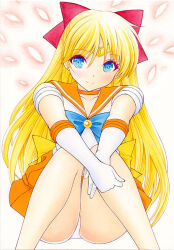 Rule 34 | 1girl, aino minako, bishoujo senshi sailor moon, blonde hair, blue eyes, blush, bow, leotard, leotard peek, long hair, magical girl, miniskirt, multiple girls, nightmare77zx, petals in wind, red bow, sailor venus, short sleeves, sitting, skirt, very long hair