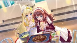 2girls :d apron assault_lily blonde_hair blue_eyes blunt_bangs blurry blurry_background bottle bow bowl bowtie breasts brown_hair bshi_edayo chair cleavage cleavage_cutout clothing_cutout commentary_request cooking copyright_notice couch day detached_sleeves dress food food_writing frilled_apron frilled_dress frilled_sleeves frilled_wrist_cuffs frills from_above griddle hair_bow hair_ribbon hand_to_own_mouth hand_up hands_up highres holding holding_bottle indoors jewelry kaede_johan_nouvel light_blush long_hair long_sleeves looking_at_food looking_down low-tied_sidelocks maid maid_headdress mayonnaise mayonnaise_bottle medium_breasts multiple_girls official_alternate_costume official_art okonomiyaki open_mouth puffy_short_sleeves puffy_sleeves red_bow red_bowtie red_dress red_ribbon ribbon ring short_sleeves sidelocks sleeveless sleeveless_dress smile sparkle standing sunlight table tachihara_sayu two-tone_dress utensil v-shaped_eyebrows very_long_hair waist_apron wavy_hair white_dress wrist_cuffs yellow_bow yellow_bowtie yellow_dress yellow_ribbon