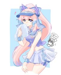 1girl absurdres blue_eyes blue_hair bow bow-shaped_hair chibi frills genshin_impact high_ponytail highres holding long_hair looking_at_viewer midriff multicolored_hair navel odangocake pink_hair pleated_skirt ponytail purple_eyes sangonomiya_kokomi sangonomiya_kokomi_(pulse+) short_eyebrows shorts skirt sleeveless smile towel visor_cap wristband