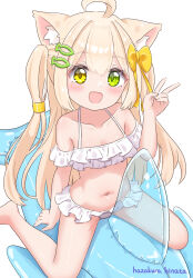 1girl :d ahoge animal_ear_fluff animal_ears artist_name barefoot bikini blonde_hair blush bow breasts cat_ears cat_girl collarbone commentary_request fish_hair_ornament green_eyes hair_bow hair_ornament hair_tubes hairclip halterneck hand_up hazakura_hinata heterochromia highres inflatable_orca inflatable_toy kurumi_(hazakura_hinata) long_hair looking_at_viewer navel off-shoulder_bikini off_shoulder open_mouth original parallel_hairclips ruffle_bikini simple_background sitting small_breasts smile solo swimsuit two_side_up v white_background white_bikini yellow_bow yellow_eyes