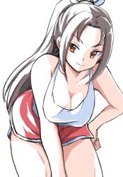 Rule 34 | 1girl, bare shoulders, breasts, brown eyes, brown hair, cleavage, collarbone, dolphin shorts, fatal fury, female focus, large breasts, long hair, looking to the side, official alternate costume, pink shorts, ponytail, shiranui mai, shorts, simple background, snk, solo, street fighter, street fighter 6, tank top, white background, white tank top
