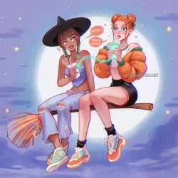 2girls artist_name black_hat black_shorts blue_pants broom brown_hair coat crop_top cup dark-skinned_female dark_skin denim disposable_cup double_bun drinking_straw english_text gradient_hair green_hair hair_bun hat highres holding holding_cup jeans luztapiaart multicolored_hair multiple_girls night open_clothes open_coat orange_coat orange_hair original outdoors pants peyton_(luztapiaart) project_moon roya_(luztapiaart) shoes short_shorts shorts sitting sneakers speech_bubble torn_clothes torn_jeans torn_pants two-tone_hair vehicle_focus watermark witch_hat