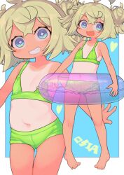 Rule 34 | 1girl, absurdres, ahoge, barefoot, bikini, blonde hair, blue background, blue eyes, border, collarbone, diamond-shaped pupils, diamond (shape), double bun, flat chest, frilled innertube, green bikini, grin, hair bun, highres, multiple views, navel, one-piece tan, open mouth, original, parted lips, pink innertube, rosia san, short hair, smile, strap slip, swimsuit, symbol-shaped pupils, tan, tanline, teeth, variant set, white border
