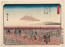 19th_century 6+boys 6+girls ando_hiroshige bald bare_legs black_hair blue_sky bridge city cloud gradient_sky green_kimono japan japanese_(nationality) japanese_clothes japanese_text kimono mount_fuji mountain multiple_boys multiple_girls original outdoors river rooftop sky thirty-six_views_of_mount_fuji_(hiroshige) traditional_media translation_request volcano water