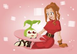 Rule 34 | absurdres, belt, brown eyes, brown hair, digimon, digimon (creature), digimon adventure, gloves, highres, leaf, open mouth, red eyes, smile, tachikawa mimi, tanemon