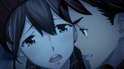 1boy 1girl beanie brown_eyes brown_hair brown_shorts cardigan clenched_teeth crying crying_with_eyes_open dim_lighting fukuda_tomonori game_cg green_shirt hair_between_eyes hat highres looking_at_another narrowed_eyes non-web_source official_art open_mouth parted_lips plaid_clothes plaid_shirt red_eyes red_hair red_hat red_shirt robotics;notes senomiya_akiho shiny_eyes shiny_lips shirt shorts tearing_up tears teeth tongue upper_teeth_only winter_clothes yashio_kaito yellow_cardigan