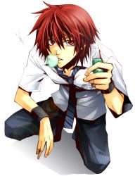 1boy artist_request blowing_bubbles chewing_gum male_focus marui_bunta necktie pants red_eyes red_hair school_uniform shadow short_hair solo square-end_necktie squatting tennis_no_ouji-sama white_background wristband