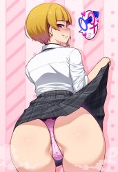 1girl ass black_skirt blunt_bangs blush cameltoe clothes_lift commentary_request concept_gyarus_(idolmaster) ear_piercing earrings fingernails fukuda_noriko gyaru heart highres idolmaster idolmaster_million_live! interlocked_mars_and_venus_symbols jewelry kogal looking_at_viewer mars_symbol namidame navel panties patterned_background piercing pink_panties profile pussy ring school_uniform shirt shirt_tucked_in short_hair skirt skirt_lift smile solo spoken_symbol underwear venus_symbol white_shirt