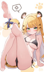 1girl absurdres alternate_breast_size anger_vein animal_ears barefoot bikini black_bikini blonde_hair blush breasts closed_mouth colored_inner_hair commentary_request feet green_eyes highres ju_fufu knee_up large_breasts leg_up long_hair looking_at_viewer micro_bikini multicolored_hair origami_(poinia) paw_print paw_print_background side-tie_bikini_bottom sitting soles solo speech_bubble spoken_anger_vein striped_hair swimsuit tail tiger_ears tiger_girl tiger_stripes tiger_tail toes white_background white_hair zenless_zone_zero