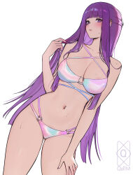 1girl absurdres bikini breasts collarbone cowboy_shot dutch_angle fern_(sousou_no_frieren) highres large_breasts long_hair multicolored_bikini navel navel_piercing piercing purple_eyes purple_hair quilm simple_background solo sousou_no_frieren stomach swimsuit thighs very_long_hair white_background