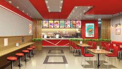 beverage_dispenser bush cash_register ceiling_light chair fast_food highres indoors menu monitor no_humans non-web_source official_art our_life:_beginnings_and_always poster_(object) scenery stool table tile_floor tiles wooden_table