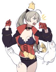 1girl ^^^ absurdres ahoge animal azur_lane baby_animal belt bird black_belt black_choker black_jacket black_shorts breasts brown_hair cat chick choker cleavage collarbone corset cowboy_shot cropped_jacket cross-laced_clothes gloves grey_hair hair_between_eyes half_gloves hatski.sin high_ponytail highres jacket jean_bart_(azur_lane) long_hair long_sleeves looking_to_the_side manjuu_(azur_lane) medium_breasts o-ring o-ring_choker open_clothes open_jacket open_mouth ponytail red_gloves short_shorts shorts sidelocks simple_background sleeve_cuffs solo standing surprised teeth thigh_gap thighs white_background