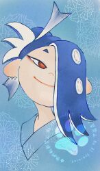 Rule 34 | 1girl, abstract, alternate costume, blue hair, ear piercing, eyeliner, hair over one eye, highres, japanese clothes, kimono, looking to the side, makeup, nintendo, octoling, piercing, portrait, red eyes, shiver (splatoon), smile, solo, splatoon (series), splatoon 3, tentacle hair